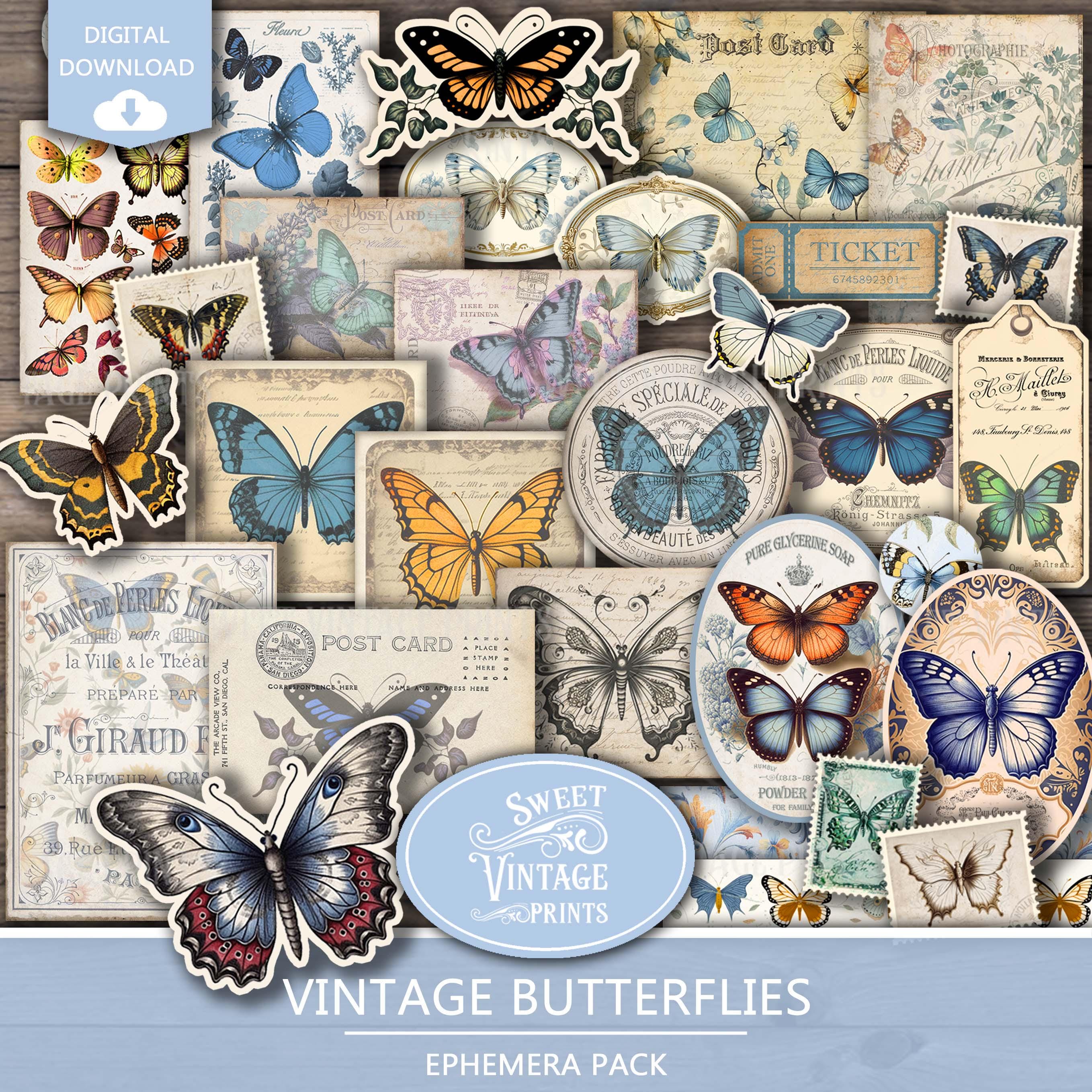 Butterfly Junk Journal Ephemera | Vintage Printable Tags Labels ...