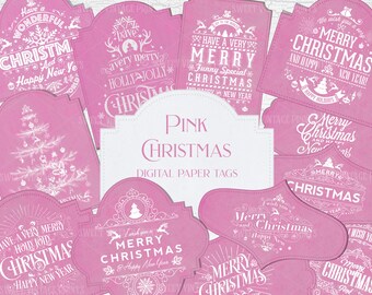 Pink Christmas, Tags, Vintage Christmas, Labels, Tag flip, Junk Journal, Ephemera, digital, instant download, Shabby Xmas, Papers, Printable