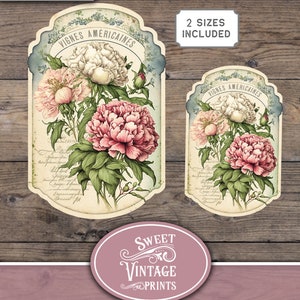 May include: Two vintage printable tags featuring a floral design with pink and white peonies. The text on the tags reads "Vignes Am&eacute;ricaines".