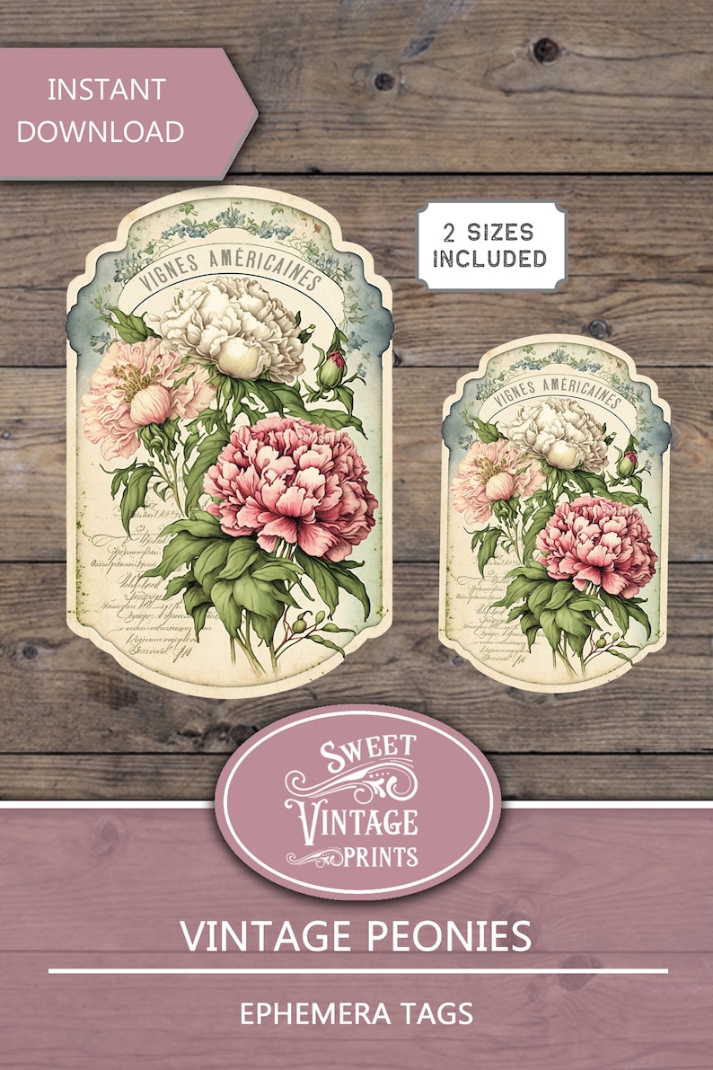 May include: Two vintage printable tags featuring a floral design with pink and white peonies. The text on the tags reads "Vignes Am&eacute;ricaines".
