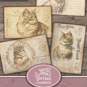 May include: A collection of vintage-style postcards featuring detailed illustrations of cats. The postcards have a distressed, aged appearance with text and stamps. The image includes the text "Instant Download" and "Cat Lover's Journal".
