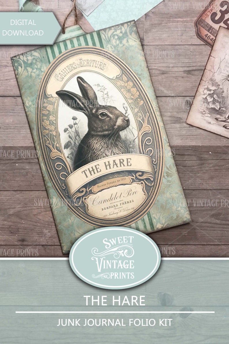 Junk Journal Folio Kit Hare Vintage Easter Printable Folder Rabbits Ephemera Digital Download Sweetvintageprints hre 画像 1