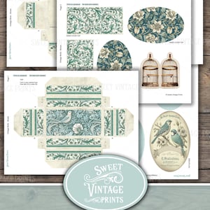 Puede incluir: Plantillas de cajas imprimibles con ilustraciones de p&aacute;jaros vintage. El dise&ntilde;o incluye un patr&oacute;n floral azul y verde con p&aacute;jaros, jaulas y una etiqueta que dice "Le Petit Serin". Las cajas imprimibles son perfectas para empaquetar peque&ntilde;os regalos o favores.