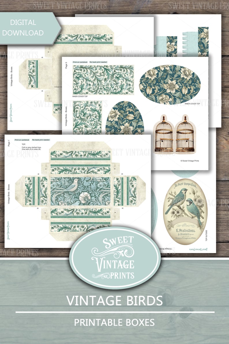 Puede incluir: Plantillas de cajas imprimibles con ilustraciones de p&aacute;jaros vintage. El dise&ntilde;o incluye un patr&oacute;n floral azul y verde con p&aacute;jaros, jaulas y una etiqueta que dice "Le Petit Serin". Las cajas imprimibles son perfectas para empaquetar peque&ntilde;os regalos o favores.