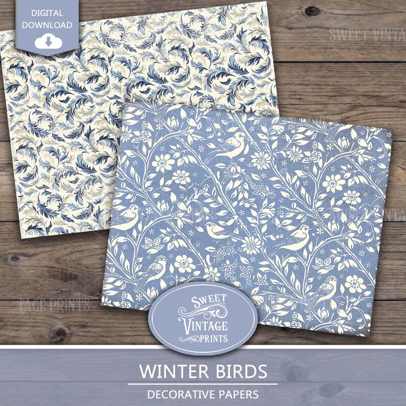 Birds Junk Journal Papers | Winter Digital Paper Pack | Blue Printables ...
