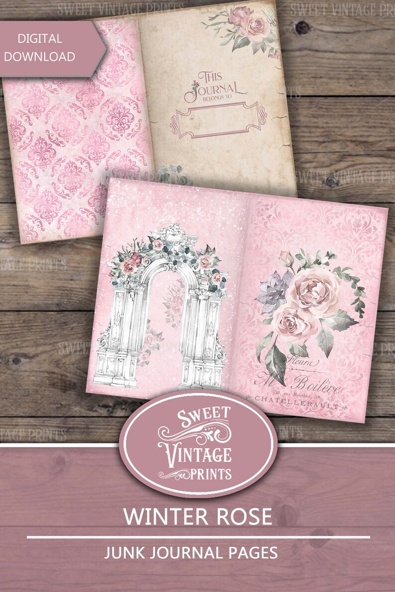 Winter Rose, Junk Journal Pages, Christmas Roses, Pink Christmas, Vintage, Winter Journal, Ephemera, Journal Papers, Download, printable image 3