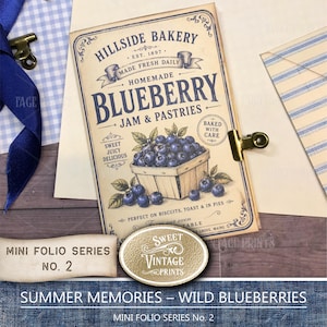 May include: A rectangular paper folio featuring a vintage-style advertisement for Hillside Bakery with blue text and a graphic of blueberries in a wooden basket. The folio is secured with a brass-colored metal clip and displays the text Blueberry Jam & Pastries.