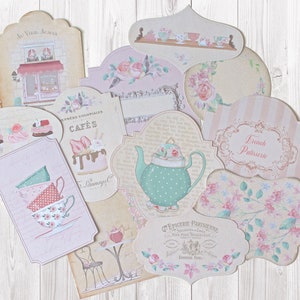 Pastelaria francesa, etiquetas, etiquetas, vintage, tag flip, lixo eletrônico, coisas efêmeras, café, cupcakes, rosa de chá, download digital, gasto, papel, impressão