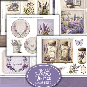 May include: A printable junk journal folio featuring a vintage lavender theme. The folio includes various images of lavender flowers, jars, and a window with a view of a lavender field. The text "Vintage Lavender Folio" and "Junk Journal Folio" are printed on the cover.