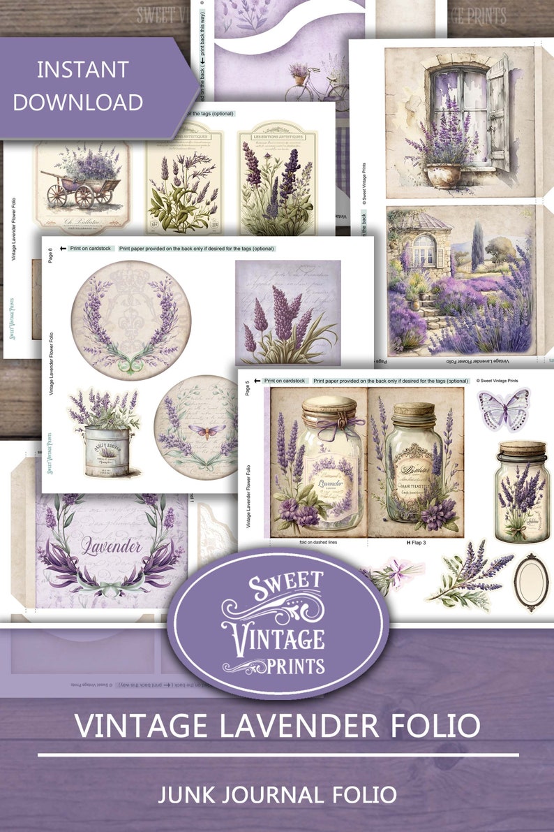 May include: A printable junk journal folio featuring a vintage lavender theme. The folio includes various images of lavender flowers, jars, and a window with a view of a lavender field. The text "Vintage Lavender Folio" and "Junk Journal Folio" are printed on the cover.