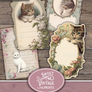 May include: A collection of vintage-style ephemera featuring cat illustrations. The designs include framed portraits of cats, floral accents, and the text "CAT LOVER'S JOURNAL" and "EPHEMERA PACK". The color palette includes soft pastels and a rustic wooden background.