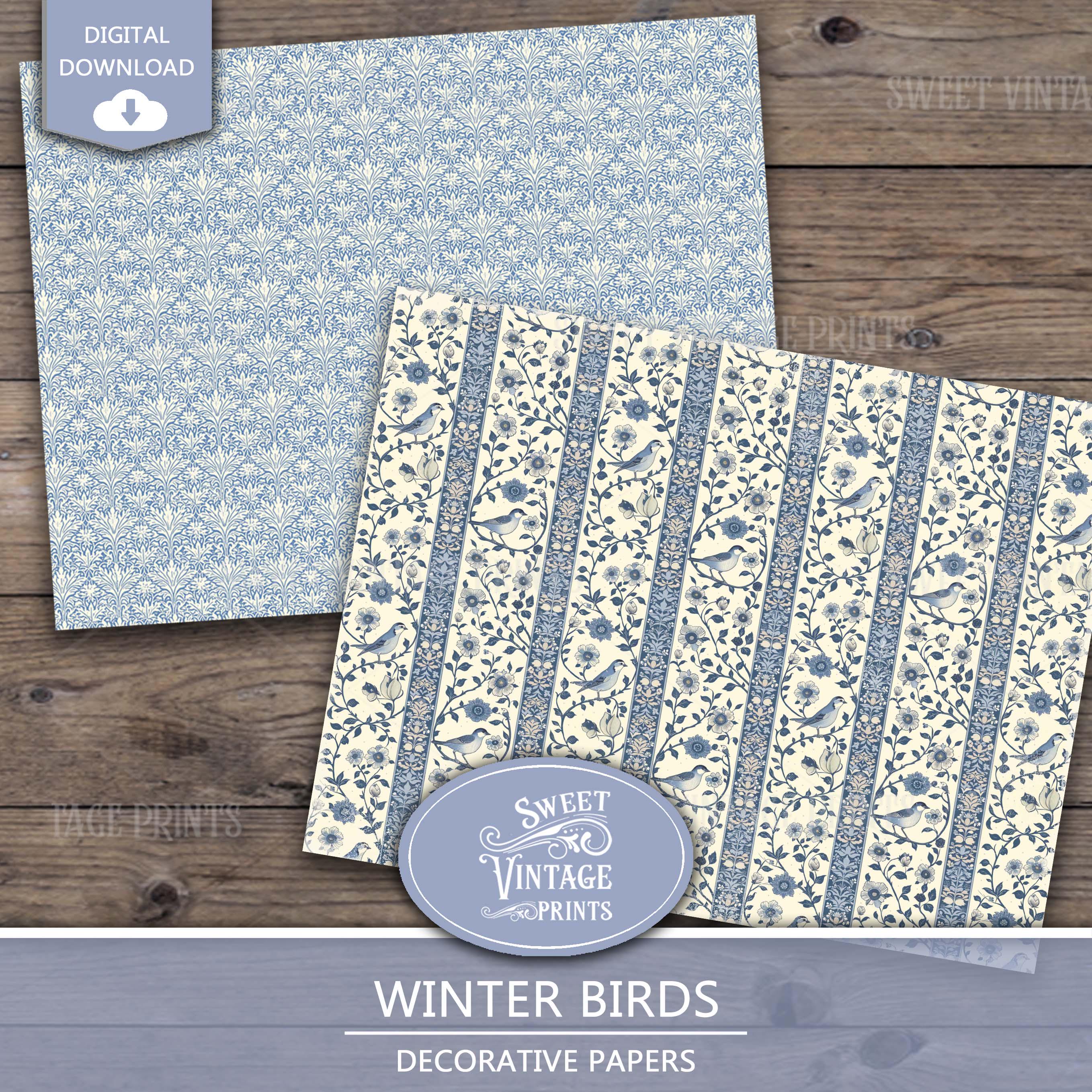 Birds Junk Journal Papers | Winter Digital Paper Pack | Blue Printables ...