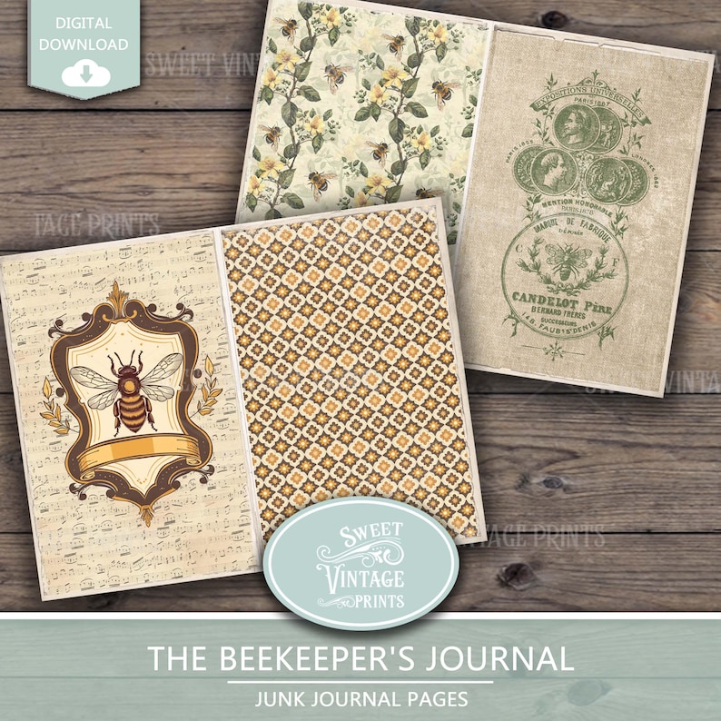 Bee Junk Journal Pages | Vintage Bees Digital Paper Pack | Honey ...