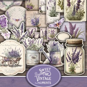 May include: A digital collage sheet featuring vintage illustrations of lavender flowers, jars, and other botanical elements. The sheet is titled "Vintage Lavender Folio" and "Junk Journal Folio".