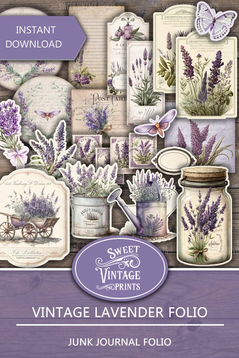 May include: A digital collage sheet featuring vintage illustrations of lavender flowers, jars, and other botanical elements. The sheet is titled "Vintage Lavender Folio" and "Junk Journal Folio".