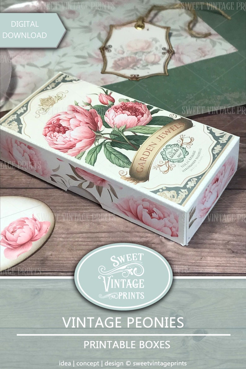 Pode incluir: Uma caixa retangular com um design floral com pe&oacute;nias cor-de-rosa e folhas verdes. A caixa tem as palavras "GARDEN JEWELS" e "SWEET VINTAGE PRINTS" impressas. As palavras "VINTAGE PEONIES" e "PRINTABLE BOXES" tamb&eacute;m s&atilde;o vis&iacute;veis.