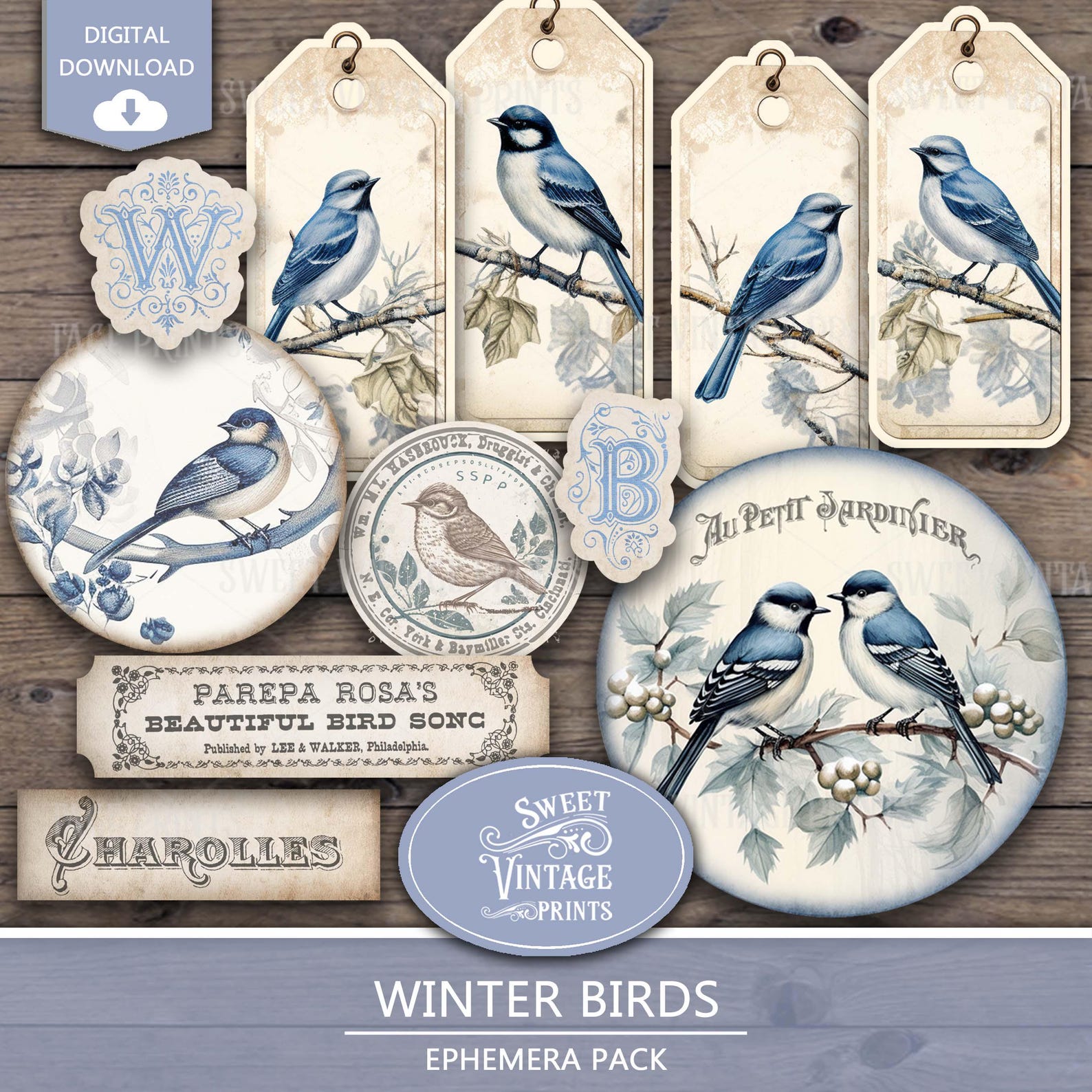 Winter Birds Junk Journal Ephemera | Winter Blue Printable Tags Labels ...