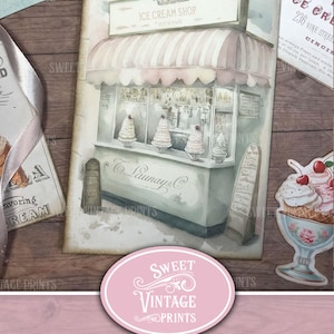 May include: A vintage-style illustration of an ice cream shop with a pink awning and a sign that reads "Ice Cream Shop - Best in Town". The shop has three windows with ice cream cones displayed in each. The illustration is surrounded by a distressed paper background.