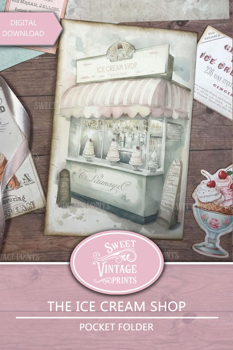May include: A vintage-style illustration of an ice cream shop with a pink awning and a sign that reads "Ice Cream Shop - Best in Town". The shop has three windows with ice cream cones displayed in each. The illustration is surrounded by a distressed paper background.