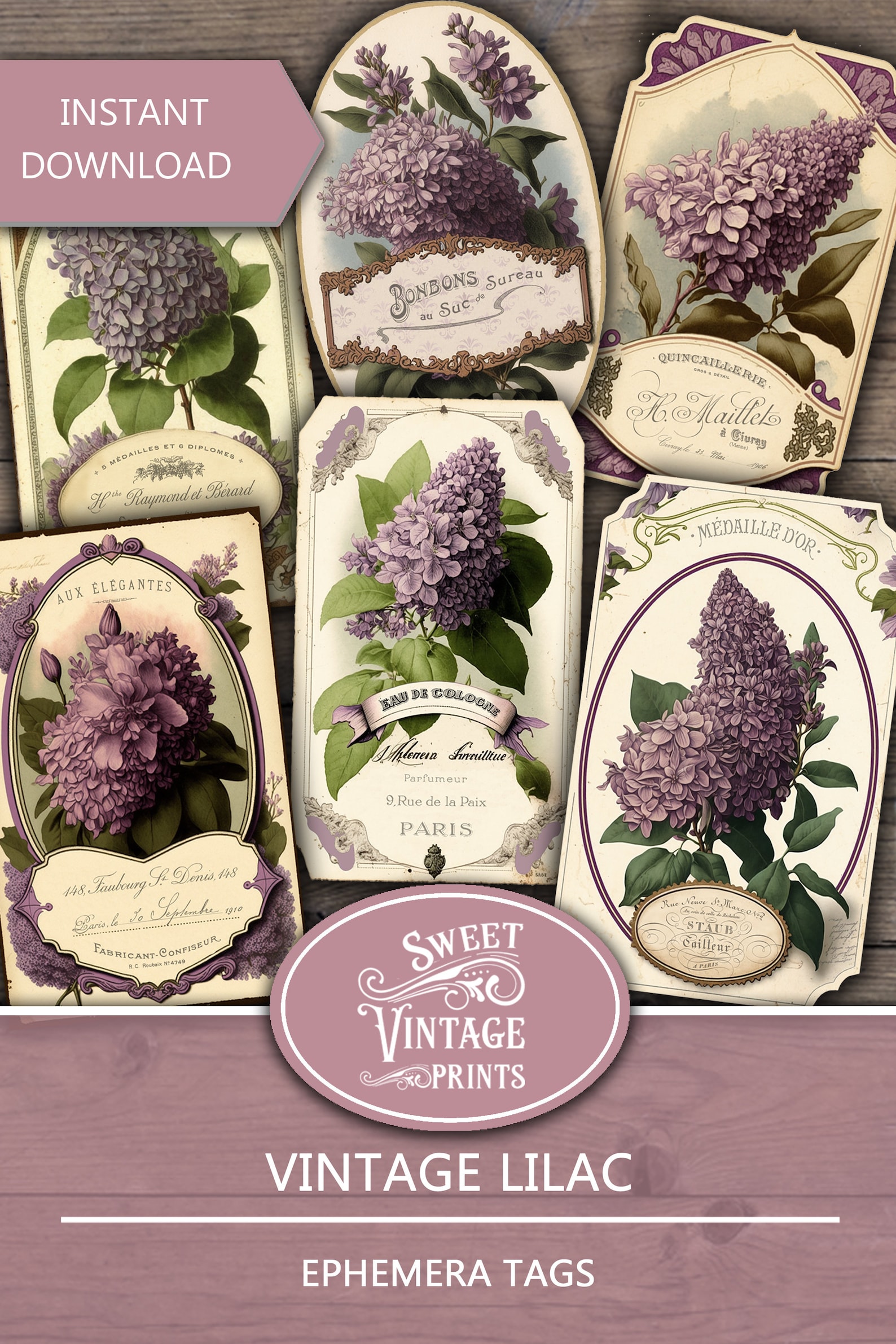 Vintage Lilac Ephemera Tags, Lilac Labels, Lilac Junk Journal, Lilac