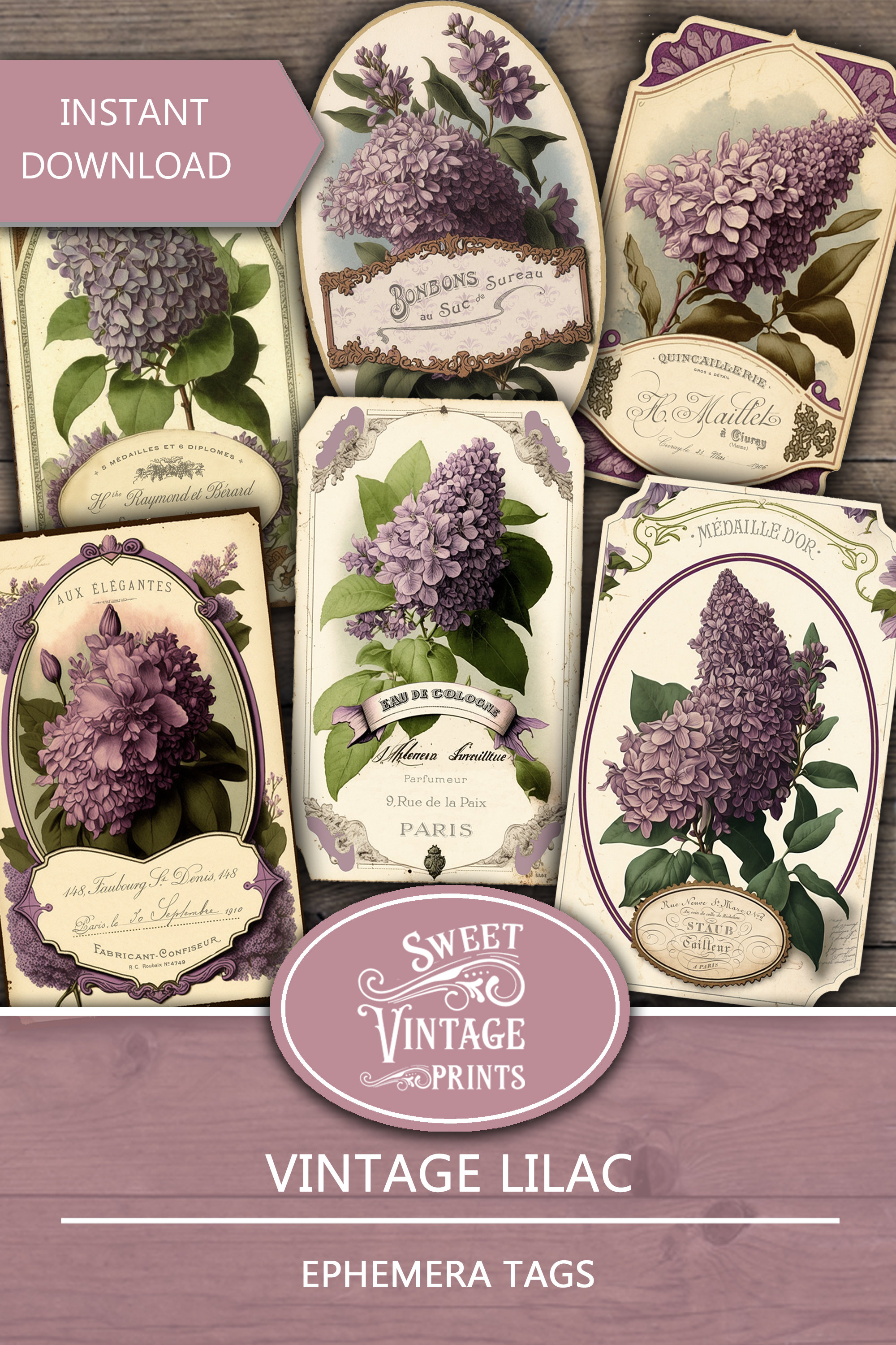 Vintage Lilac Ephemera Tags, Lilac Labels, Lilac Junk Journal, Lilac
