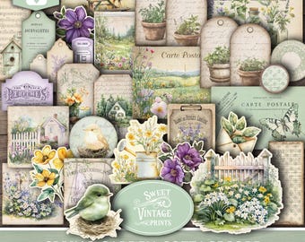 May include: A digital ephemera pack with a cottagecore theme featuring images of a bird in a nest, a watering can, a picket fence, flowers, and a vintage postcard. The text "Sweet Vintage Prints" and "Spring Garden Cottagecore Ephemera Pack" are also included.