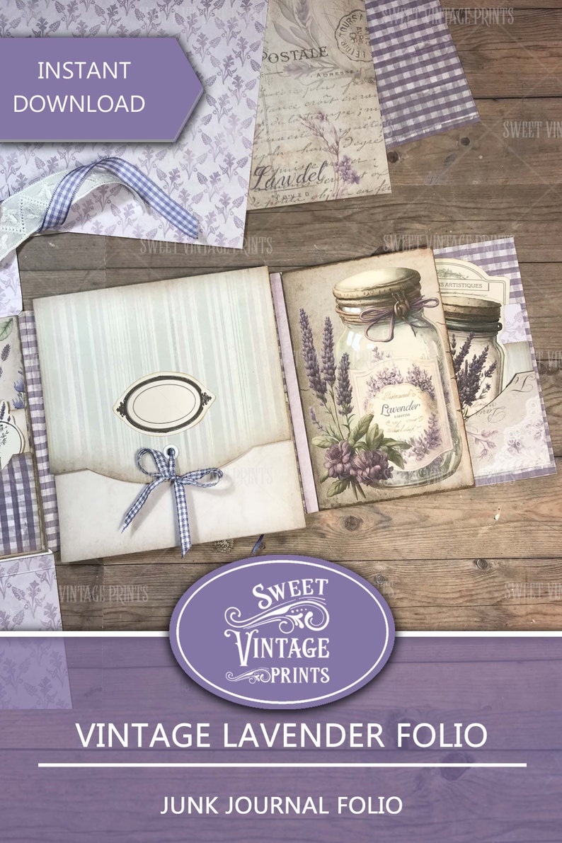 May include: A purple and white junk journal folio with a lavender theme. The folio features a vintage style design with a label that says "Lavender" and a decorative ribbon.