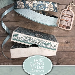 Puede incluir: Plantillas de cajas imprimibles con un dise&ntilde;o de p&aacute;jaro vintage. Las cajas son de color azul claro y blanco con un patr&oacute;n floral. La imagen tambi&eacute;n incluye una jaula para p&aacute;jaros y una cinta.