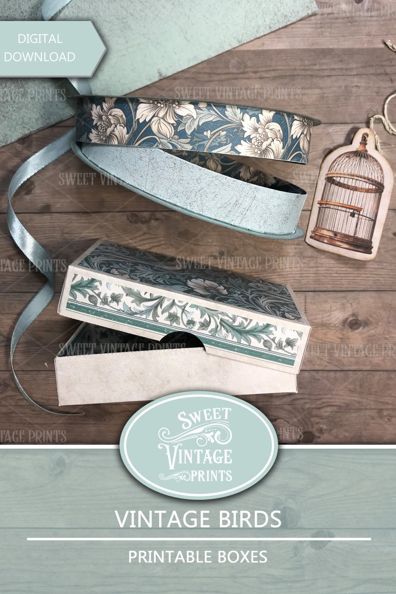 Puede incluir: Plantillas de cajas imprimibles con un dise&ntilde;o de p&aacute;jaro vintage. Las cajas son de color azul claro y blanco con un patr&oacute;n floral. La imagen tambi&eacute;n incluye una jaula para p&aacute;jaros y una cinta.