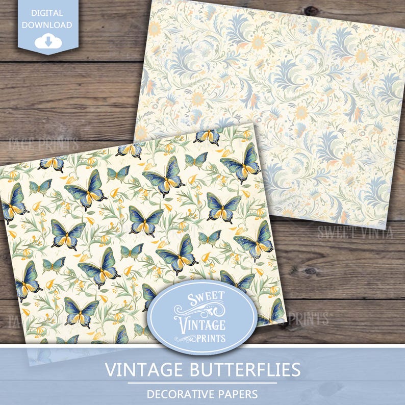May include: Two digital paper designs featuring vintage butterflies. One design has a white background with blue butterflies and yellow flowers. The other design has a light blue background with a floral pattern in shades of blue and yellow. The text "Sweet Vintage Prints" is in a circle at the bottom of the image.