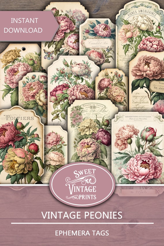 Vintage Peony Ephemera Tags, Peony Labels, Peonies junk journal, Peony Ephemera, Shabby rose, peony printables, peonies download pdf pns