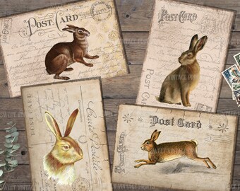 Rabbits Postcards, Vintage Bunny Postcard, Easter Junk Journal, Easter bunnies Ephemera, Hare, Rabbit Cards, digital, download, printable,