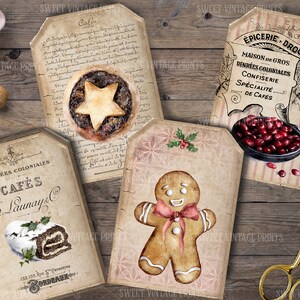 May include: Four vintage-style printable gift tags with a Christmas theme. The tags feature images of a gingerbread man, a mince pie, a yule log, and a bowl of cranberries. The tags are decorated with a distressed, aged look and have text in French.