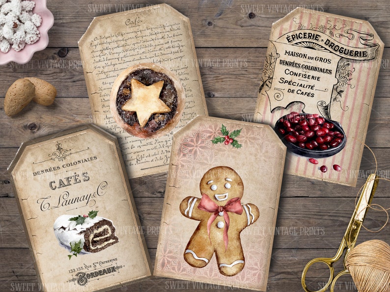 May include: Four vintage-style printable gift tags with a Christmas theme. The tags feature images of a gingerbread man, a mince pie, a yule log, and a bowl of cranberries. The tags are decorated with a distressed, aged look and have text in French.