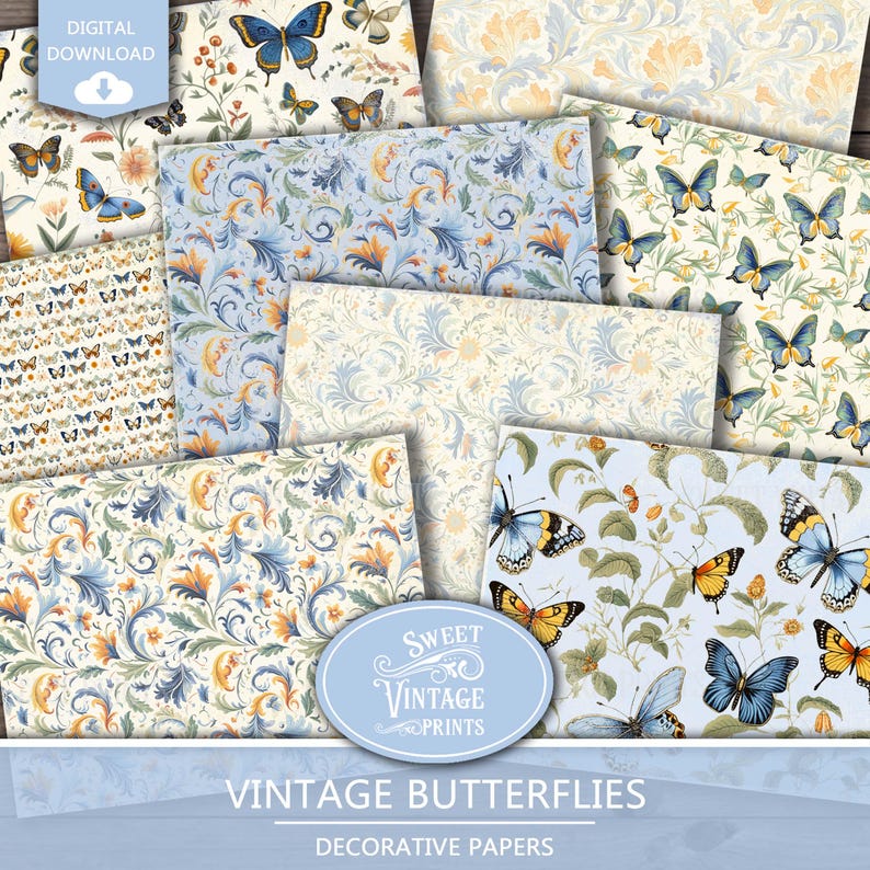 May include: A set of 8 digital papers featuring vintage style butterflies and floral patterns in shades of blue, yellow, and green. The papers are perfect for scrapbooking, card making, and other craft projects.