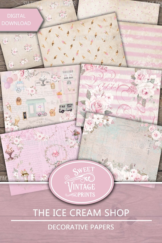 Ice Cream Printable Papers, Summer Junk Journal, Ice Cream Digital Paper, Ice Sweets Ephemera, Ice Cream Printables, sweetvintageprints ics