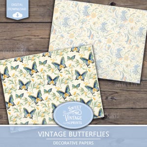 May include: Two digital paper designs featuring vintage butterflies. One design has a white background with blue butterflies and yellow flowers. The other design has a light blue background with a floral pattern in shades of blue and yellow. The text "Sweet Vintage Prints" is in a circle at the bottom of the image.