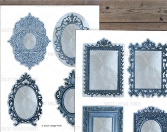 May include: Set of ten digital printable ornate frames in a blue and silver color scheme. The frames are in various shapes and sizes, including oval, rectangle, and square.