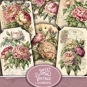 May include: Set of six vintage style printable tags featuring pink and white peonies with green leaves. The tags have a distressed look and include French text. The text on the tags reads "Vignes Am&eacute;ricaines", "N&deg; 997", "Maison de Gros", and "Quincaillerie".
