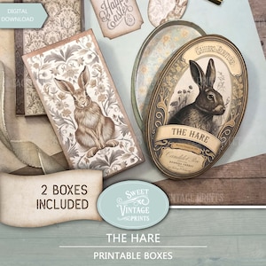 Caja imprimible de liebre / Juego de caja de regalo de Pascua / Caja de papel DIY descarga digital / Caja de conejos PDF / Sweetvintageprints hre