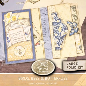 May include: A junk journal folio kit with a vintage aesthetic. The kit features a blue and yellow color scheme, with illustrations of bees, butterflies, and floral patterns. Includes pockets and decorative paper inserts. The text on the kit reads "Birds, Bees & Butterflies".