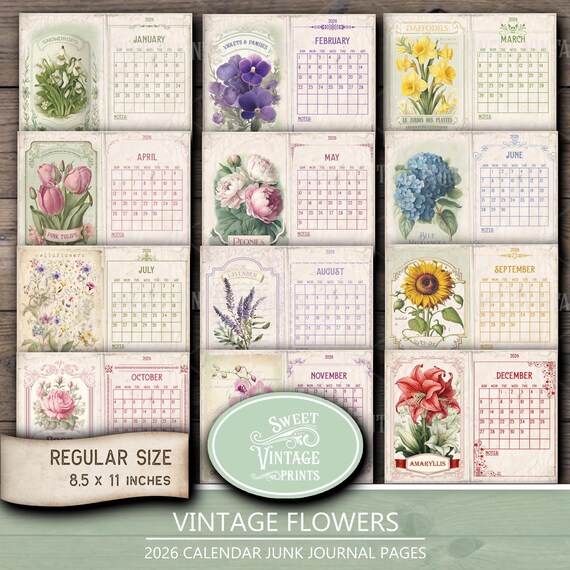 Printable 2026 Calendar Junk Journal Pages | Vintage Flowers Calendar | DIY Planner digital download | Sweetvintageprints