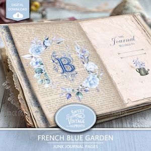 Junk Journal French Blue Garden | Sommer Junk Journal Seiten | Blaues Digitales Papier | French Blue Journal Ephemera | Blauer Garten Printables