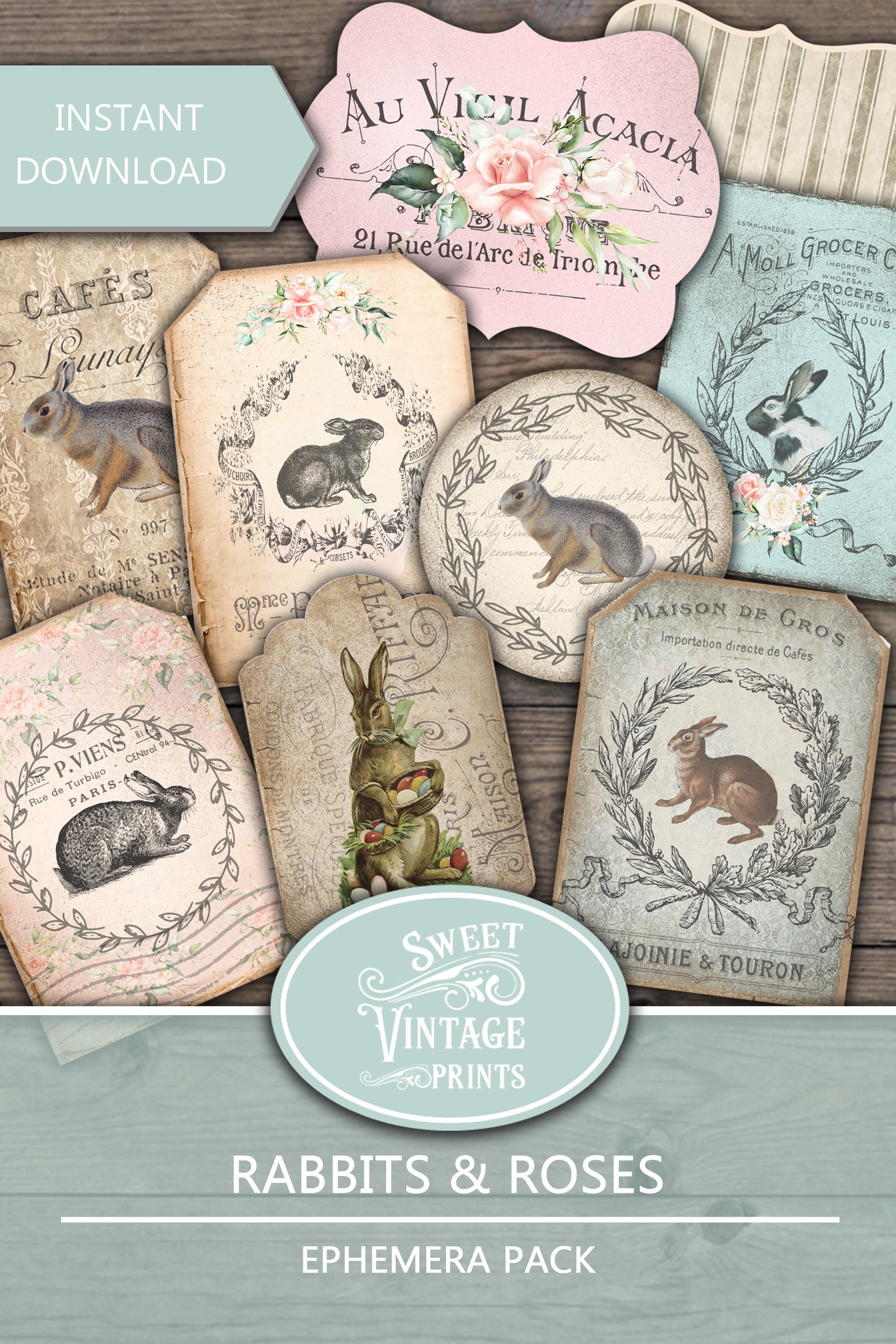 Rabbits & Roses Ephemera Pack, French Rabbits Junk Journal, Easter ...