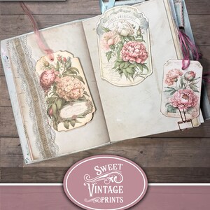May include: Three vintage printable tags featuring illustrations of pink peonies with green leaves. The tags have a cream background with brown text and ornate borders. The text on the tags reads "Tignes Americaine", "Le Dahlia", and "Sweet Vintage Prints".