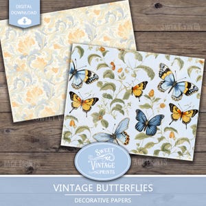 May include: Two digital paper designs featuring vintage butterflies. One design has a light blue background with green leaves and yellow flowers. The other design has a light yellow background with a blue and yellow floral pattern. Both designs feature colorful butterflies.