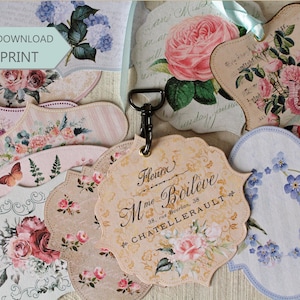 Romantic Flower Labels, Vintage Flower Tags, Flower Tag Flip, flower junk journal, flower ephemera, shabby roses printable, rose ephemera
