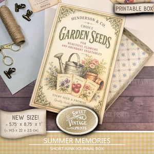 May include: A rectangular box with a cream-coloured lid featuring vintage-style graphics of a watering can, flowers, and seed packets labelled Sweet Peas, Tomato, and Cosmos. The text reads Henderson & Co. Choice Garden Seeds. Dimensions are 14.5 cm by 22 cm by 2.5 cm.