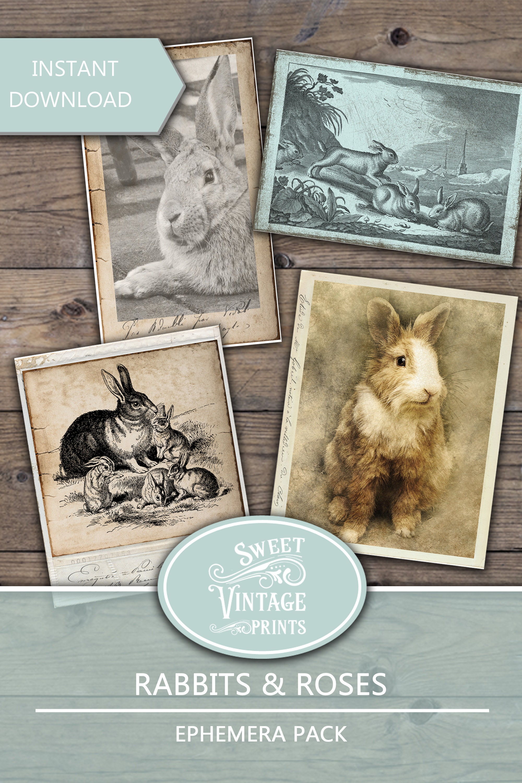 Rabbits & Roses Ephemera Pack, French Rabbits Junk Journal, Easter ...