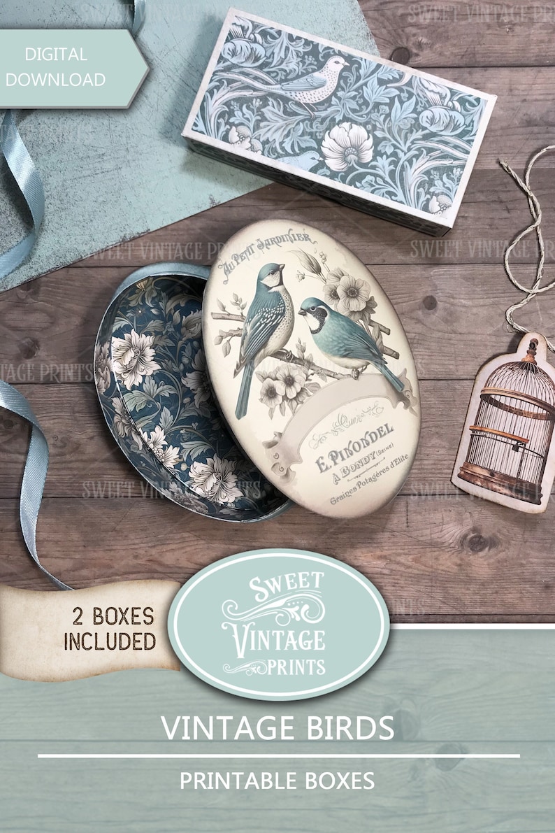 Puede incluir: Dos cajas imprimibles de tem&aacute;tica vintage con p&aacute;jaros. Las cajas son ovaladas y rectangulares con un dise&ntilde;o floral azul y blanco. La caja ovalada tiene un p&aacute;jaro azul en una rama con flores blancas. La caja rectangular tiene un p&aacute;jaro con el pecho blanco y la cola azul. El texto en las cajas dice "Au Petit Jardinier" y "E. Pinondel A. BUNDY Graines Potag&egrave;res d'Elite".
